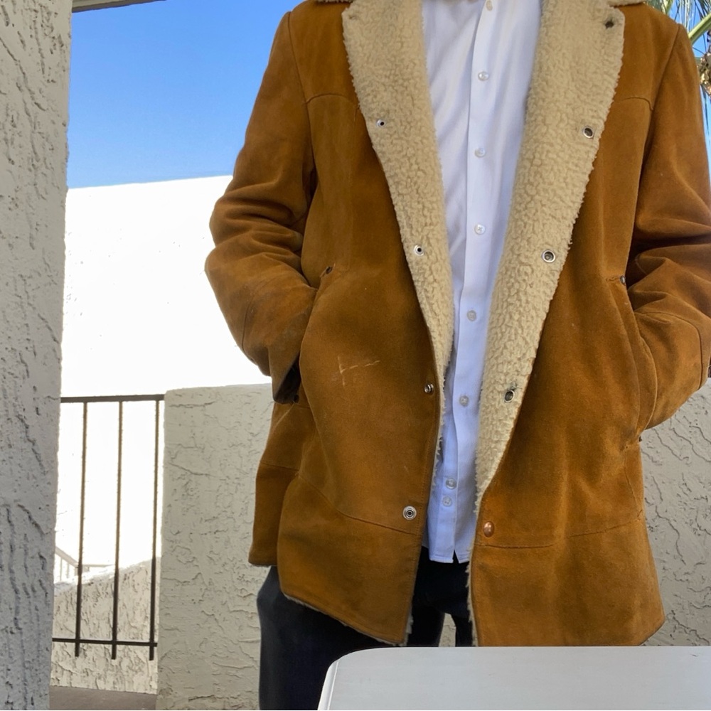 Vintage Pioneer Wear Shearling Suede Ranch Coat 70s Western Sherpa Jacket 44